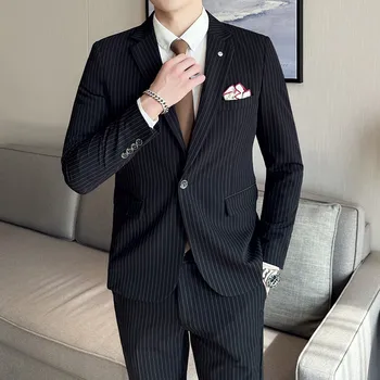 Bine (Sacou+ Pantaloni) de Moda pentru Bărbați Business Casual cu Dungi Versiunea coreeană Dublu Rânduri Slim Stil Britanic Gazdă 2-bucata Set