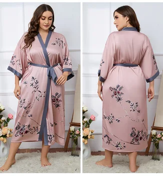 Drees V Gât Mare Dimensiune Cardigan Halat De Baie Imprimare Camasa De Noapte, Halat Kimono Somn Matase De Gheață Acasă Haine Femei Îmbrăcăminte De Noapte De Somn Drees
