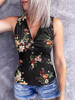 Florale Butonul V-Neck Negru Rezervor Imprimate Rezervor Topuri Pentru Femei V-Neck Fără Mâneci Camisoles De Pe Umăr Vesta Femeie Streetwear Îmbrăcăminte