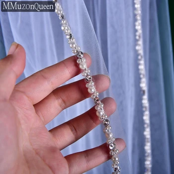MZA64 1 Nivel cu Perle si Cristale Marginea Voal pentru Mireasa Moale cu Margele Voal Degetului lungime cu Pieptene Accesorii de Nunta