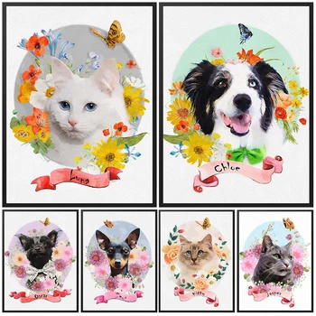 Personalizat Animale de companie cu Flori Pisică Câine Postere Animale Poster de Arta de Perete Panza Pictura pe Perete Imagini Pentru Living Decorul Camerei Neînrămate