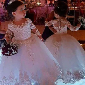 Rochii Fete Cu Flori Pentru Nunti Tul Princess Dantela Lungime Maneca Sfânt Prima Împărtășanie Rochii De Petrecere Concurs De Rochie Pentru Fete